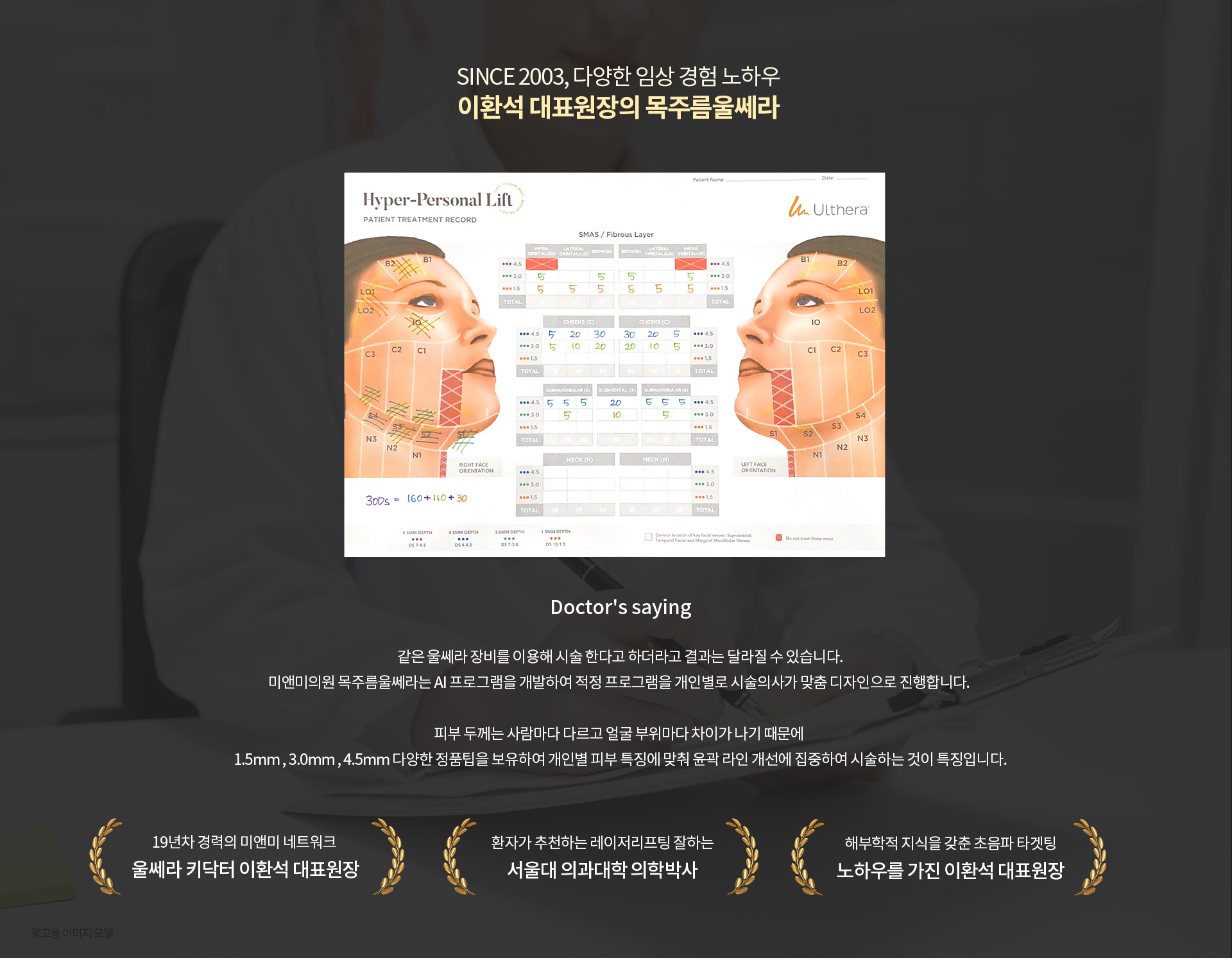 SINCE 2003, 다양한 임상 경험 노하우 이환석 대표원장의 목주름울쎄라